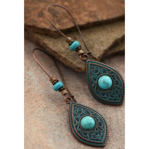 Vintage Turquoise Teardrop Earrings Boho Swirl Copper Alloy Beaded Hook 3 - Picture 3 of 5